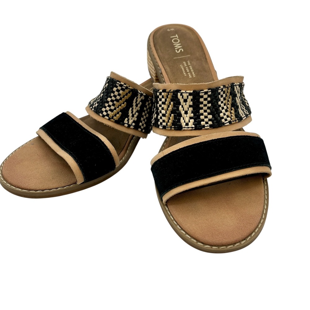TOMS Women's Woven‎ Heeled Sandals Slides Black Beige Size 9M Mariposa Slip on